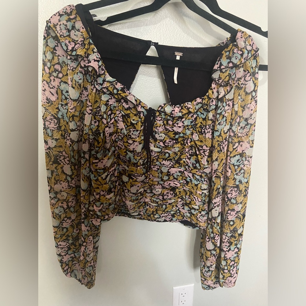 Free people, floral, multicolor, open back, flowy long sleeve blouse